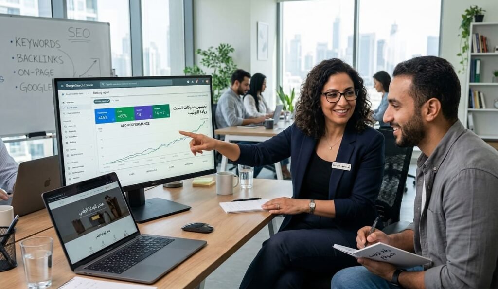 خبير سيو يعمل على تحسين ترتيب موقع باستخدام تحليل البيانات وتقارير SEO